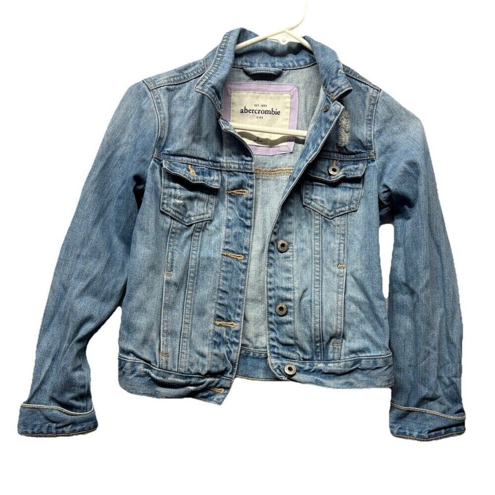 Abercrombie Kids Denim Cropped Jacket Distressed Light Wash Girls Size XL